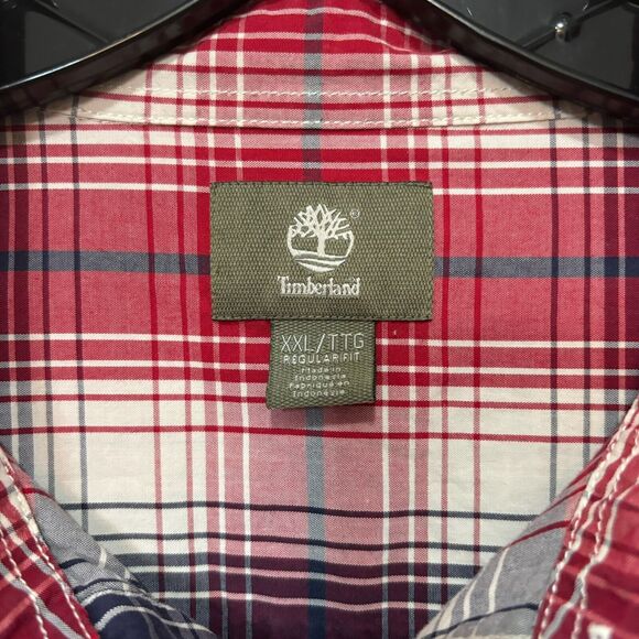 Timberland Mens Red Navy White Long Sleeve Button Plaid Shirt With Pocket Sz XXL - Picture 2 of 14